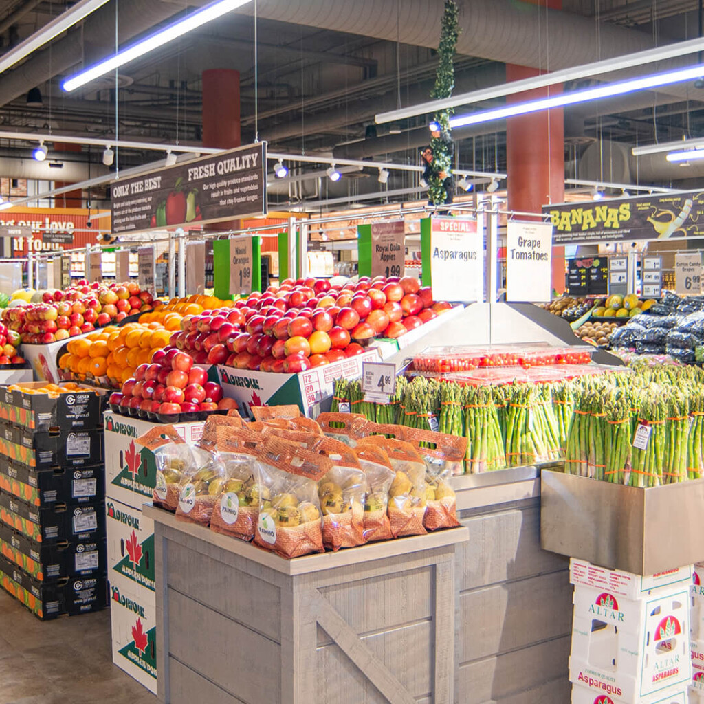Produce section inside Farm Boy Dupont grocery store, Toronto.