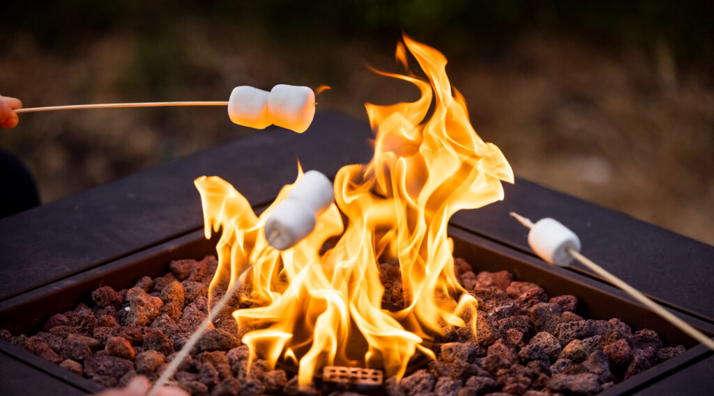 High quality stock photos of a family cooking s'mores over a fire pit.