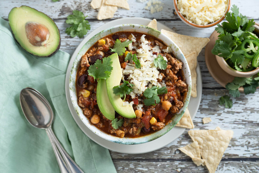Overhead image of bowl of turkey chili with two slices of avocado and fresh cilantro on top