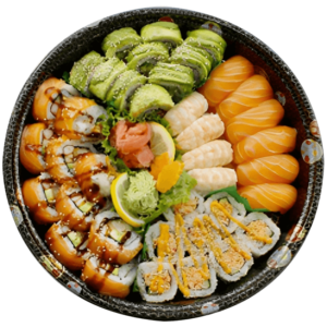 The Ah-So Emerald Platter—a mix of vibrant flavors and textures in every bite. This sushi selection promises a visually appealing and delicious experience, carefully crafted for your enjoyment. 10 Orange Dragon Maki 10 Green Dragon Maki 8 Spicy Crab Maki 6 Salmon Nigiri 6 Shrimp Nigiri