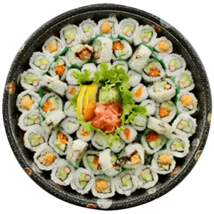 The Ah-So Gold Platter is a sushi sensation designed to delight. Dive into a delectable assortment of hand-rolled goodness, featuring: 16 California Maki 8 Spicy Crab Maki 8 Vegetarian Maki 10 Dynamite Maki 10 Cucumber Maki 8 Carrot/Assorted Maki