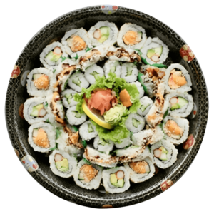 Ah-So Silver Sushi platter, a flavourful ensemble designed to elevate your sushi cravings • 8 California Maki • 8 Spicy Crab Maki • 10 Dynamite Maki • 12 Cucumber Maki