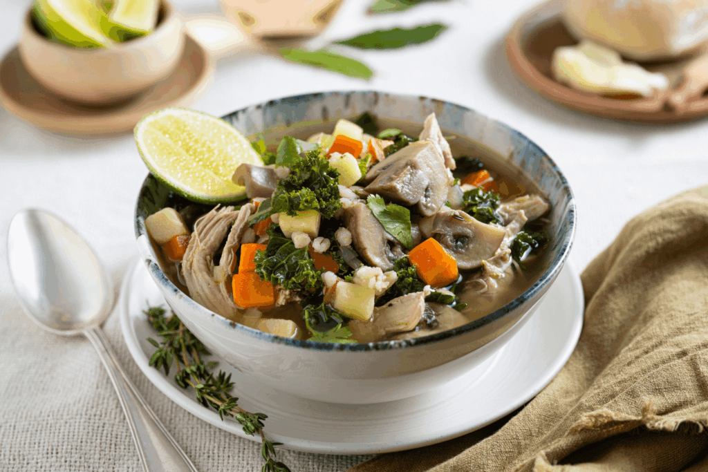 Bowl of chicken noodle soup with kale, carrot, pearl barley, and lime wedge