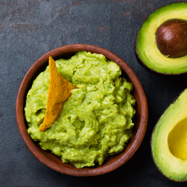 Stock image overhead of bowl of guacamole.