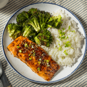 Healthy Homemade Baked Maple Salmon with Rice and Broccoli